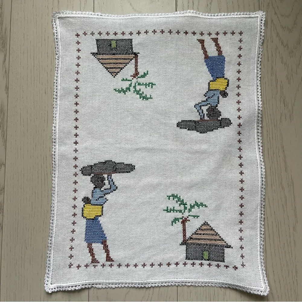 Vintage linen textile tea towel cloth embroidered mother and child cross stitch